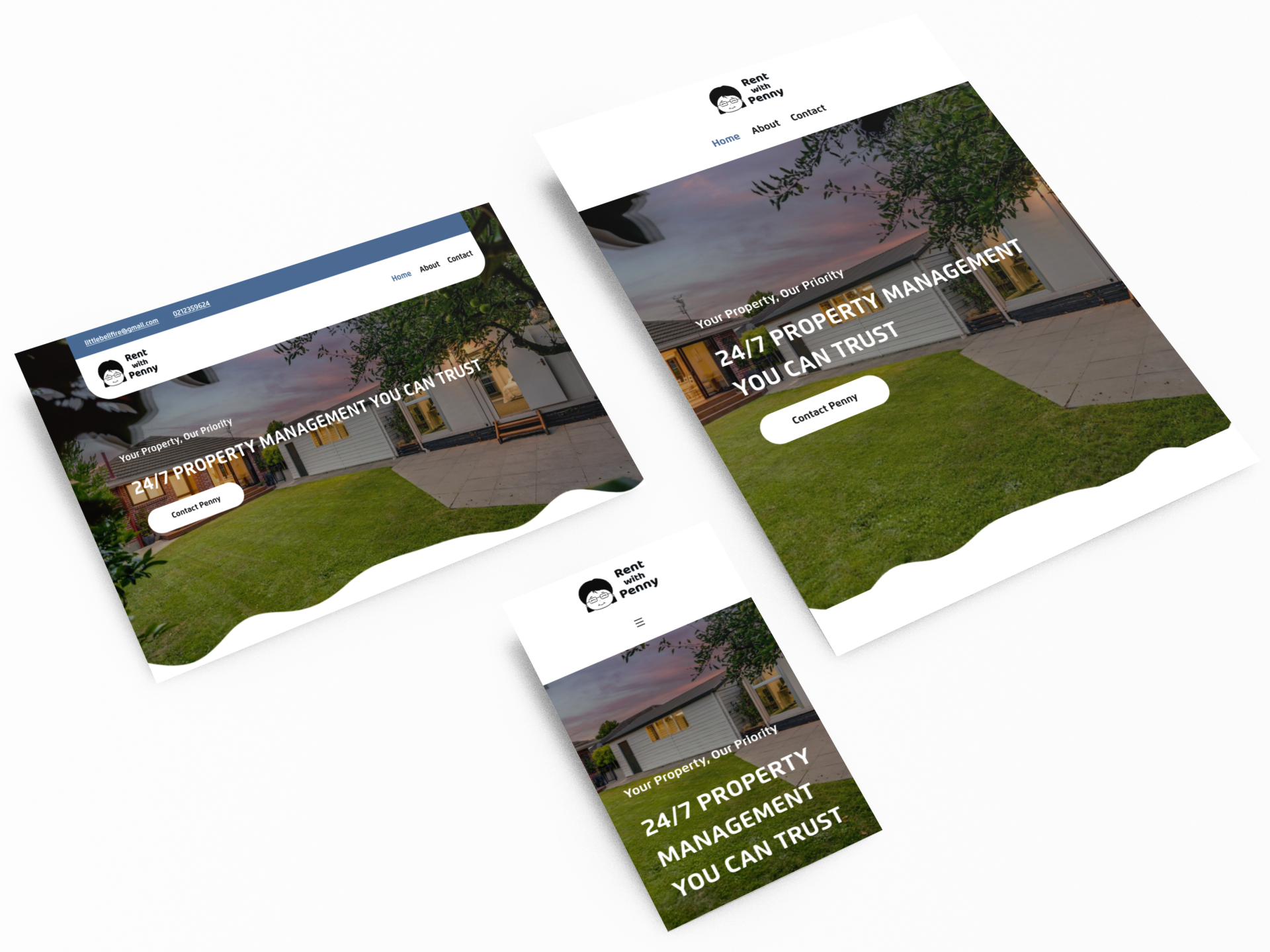 Responsive mockup of Rent With Penny’s property management website, showing desktop, tablet, and mobile views with a modern design displaying a list of available rental properties.