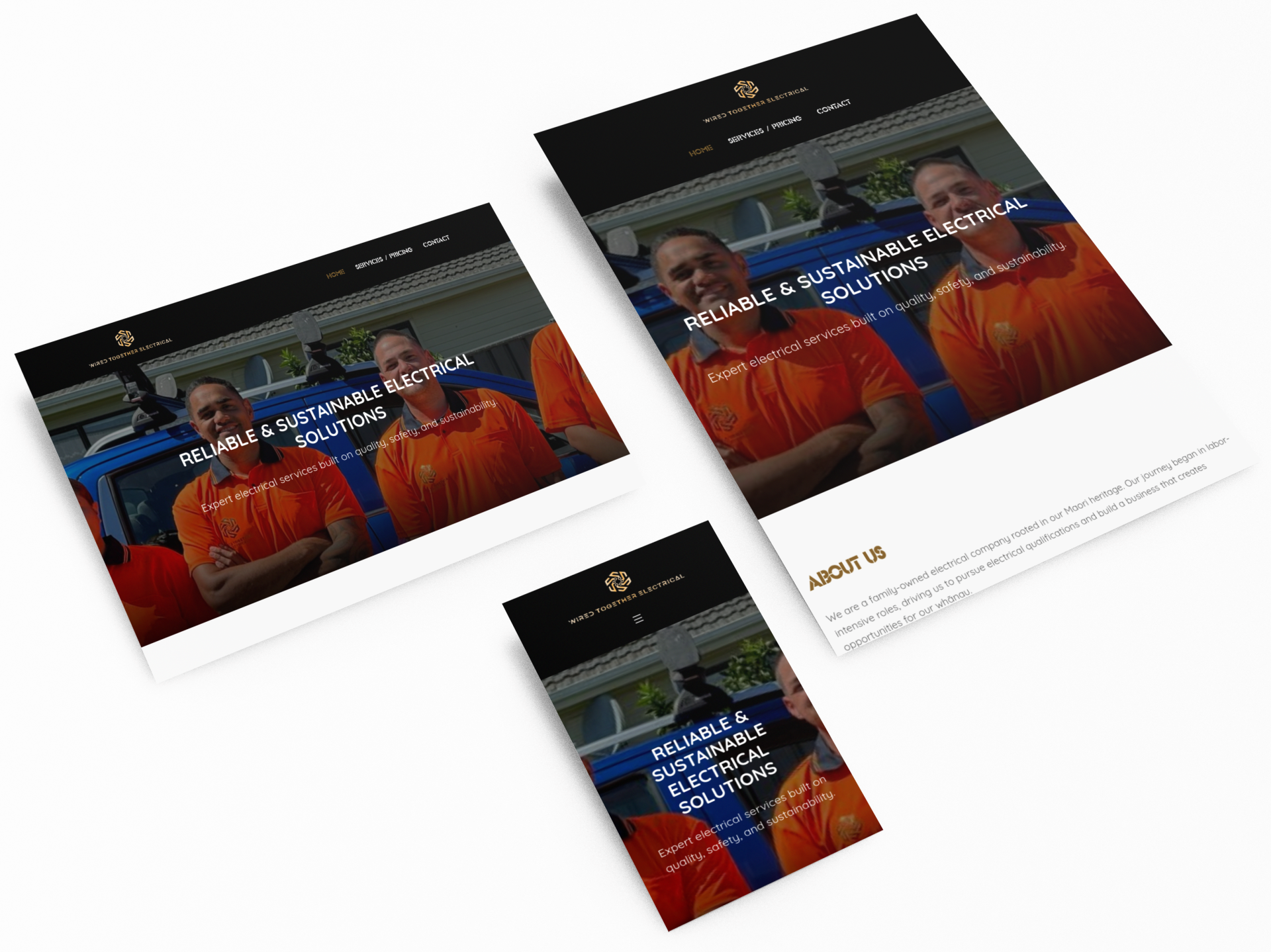 Responsive mockup of Wired Together Electrical website on desktop and mobile devices, showcasing their reliable electrical services with a focus on quality, safety, and sustainability in the hero section featuring a team of professionals.