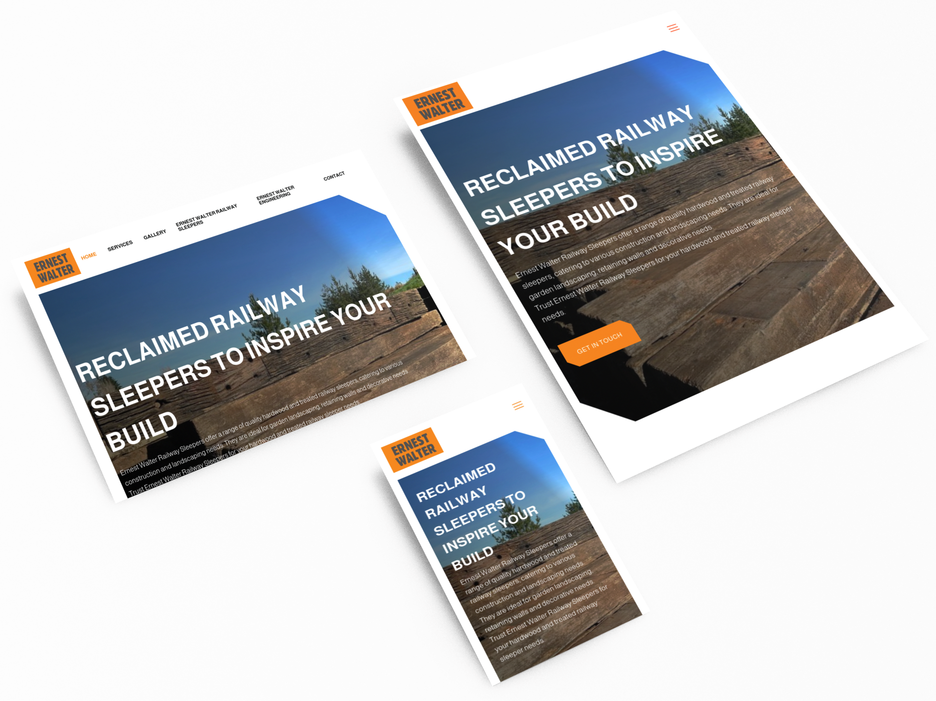 Responsive mockup of Ernest Walter website showcasing railway sleepers and engineering services on both desktop and mobile devices, emphasizing their dual business focus.