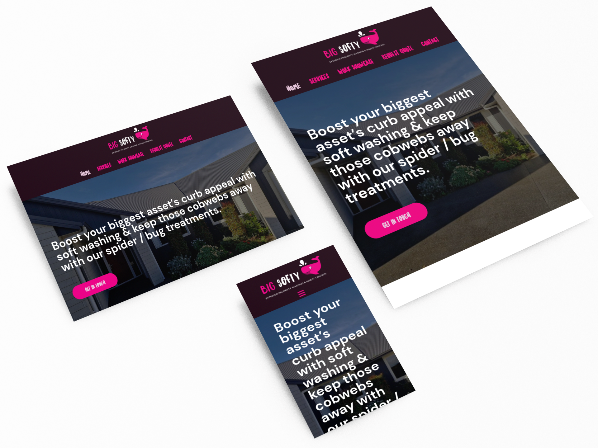 Responsive website mockups for Big Softy, showcasing a mobile and tablet view with soft washing and spider/bug treatments services highlighted.