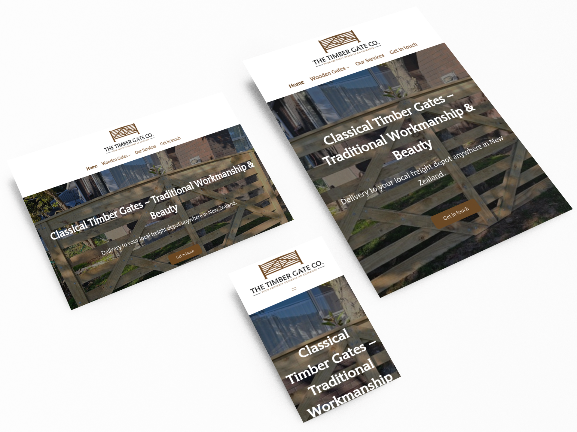 Responsive website mockups for The Timber Gate Co., showcasing the mobile and tablet views of a website featuring wooden gates, traditional craftsmanship, and delivery services across New Zealand.