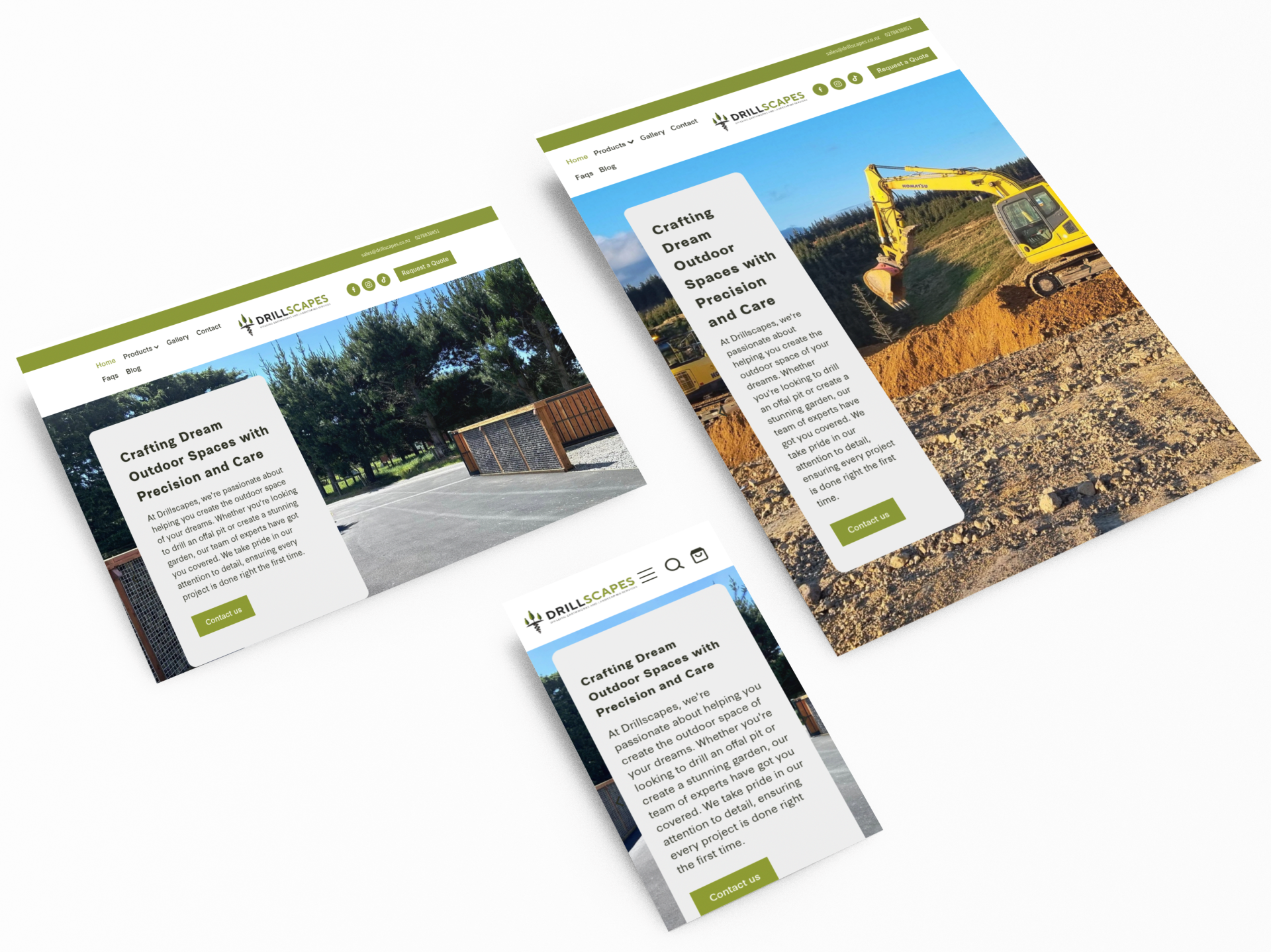 Responsive website mockups for Drillscapes, showcasing mobile and tablet views of a website designed for outdoor construction and landscaping services, featuring precision and care in creating dream outdoor spaces.